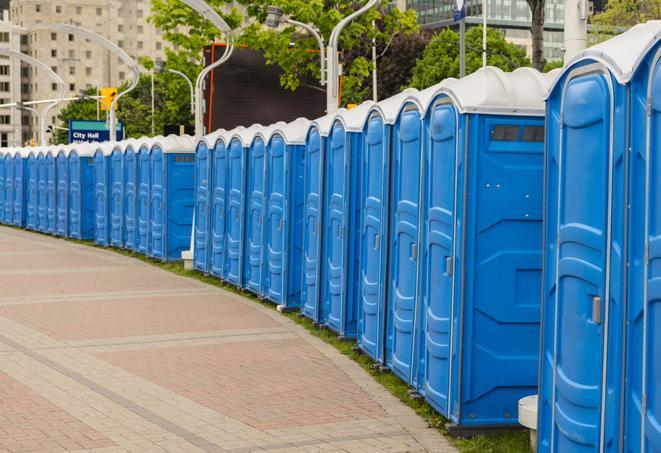 portable restrooms with sink and hand sanitizer stations, available at a festival in Custer